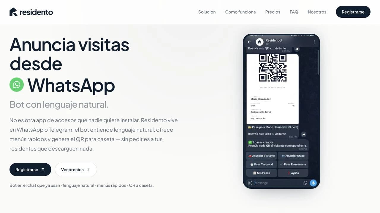 Residento website: visitor announcements through WhatsApp and QR entry passes